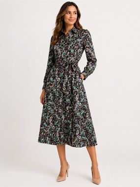 Ann Taylor Size 6 Paisley Belted Long Sleeve Midi Shirt Dress Boho Chic Fall